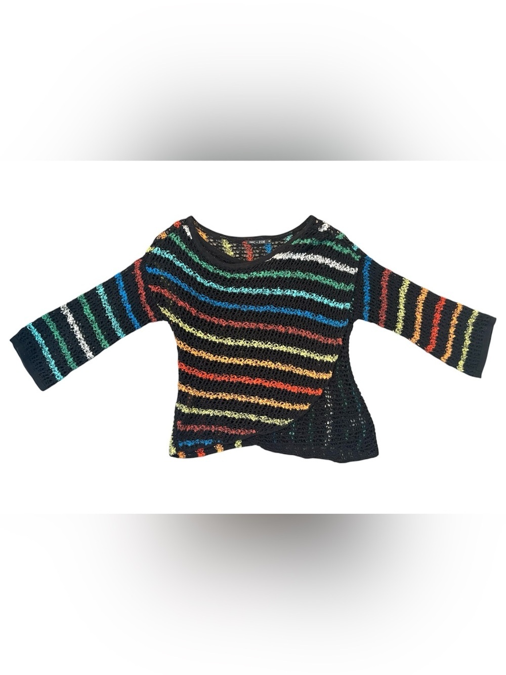 NIC+ZOE Rainbow Striped Open Knit Crochet Pullover Sweater